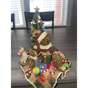 Christmas Bear Figurine w/ Tree Rocking Horse Gifts Quilted Base Decor
